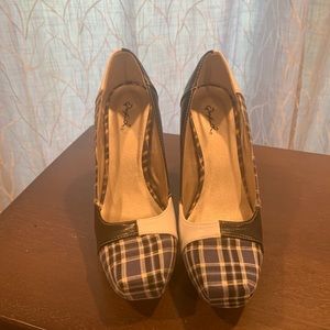 Qupid black/white/blue plaid platform heels